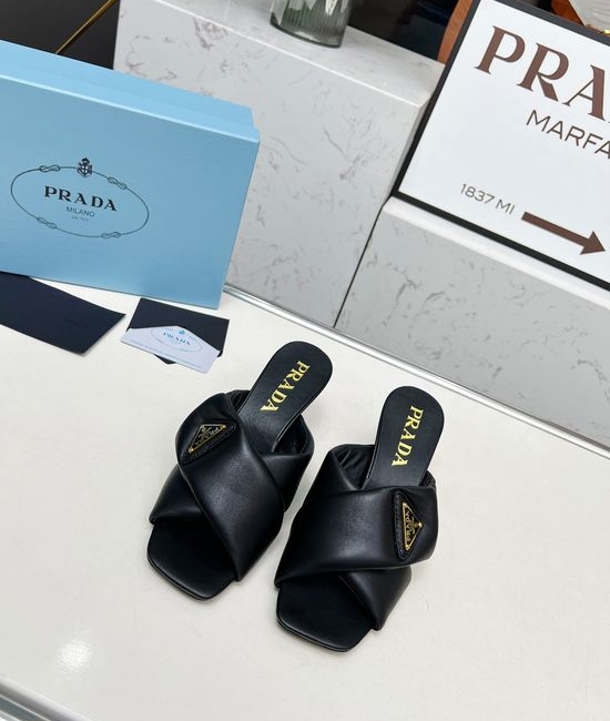 Prada Low Heel Elegant Slip On Mules with Soft Leather Upper