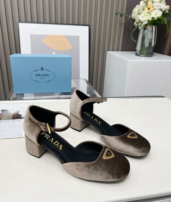 Prada Chunky Heel Round Toe Buckle Strap Comfortable Pumps
