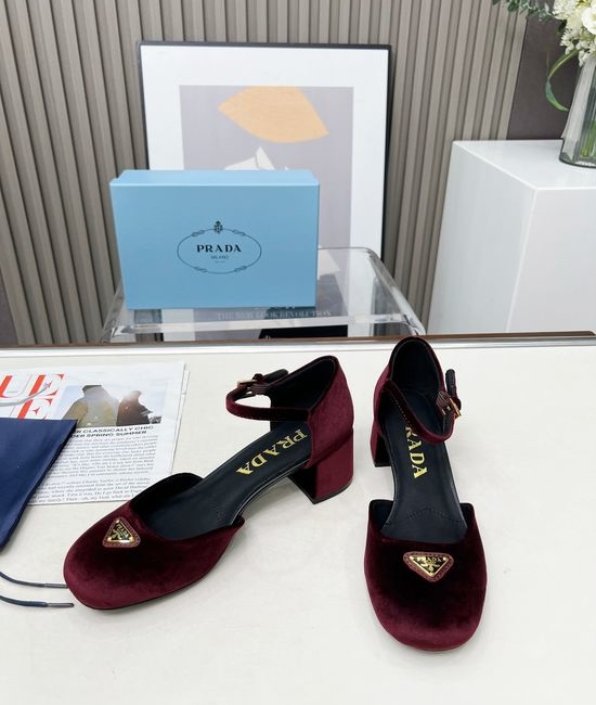 Prada Chunky Heel Round Toe Buckle Strap Comfortable Pumps