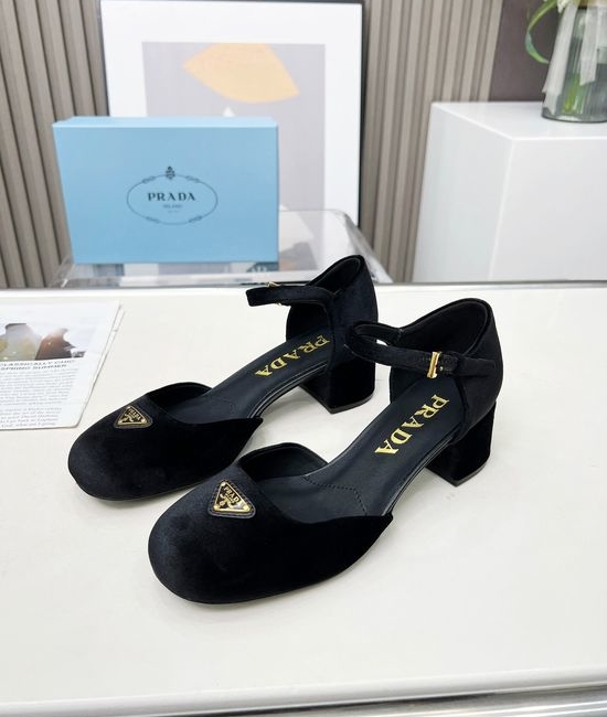 Prada Chunky Heel Round Toe Buckle Strap Comfortable Pumps