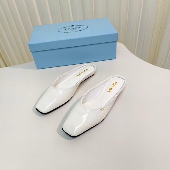 Prada Flat Square Toe Patent Leather Slingback Mules