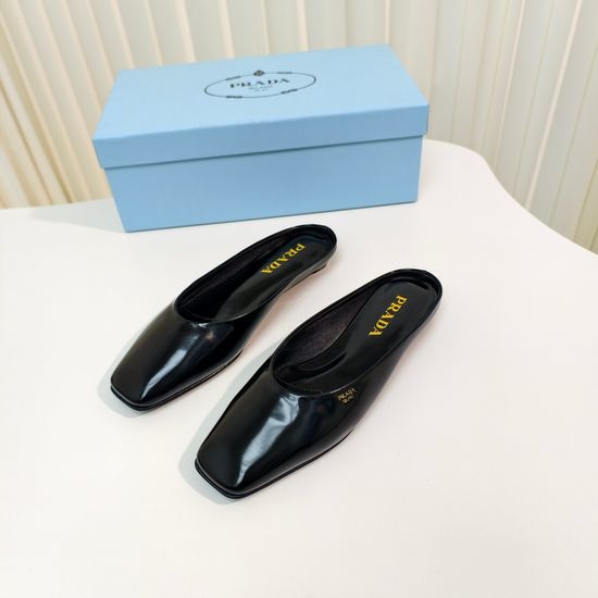 Prada Flat Square Toe Patent Leather Slingback Mules