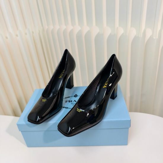 Prada Chunky Heel Square Toe Patent Leather Pumps