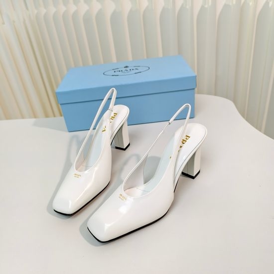 Prada Chunky Heel Square Toe Patent Leather Slingback Sandals