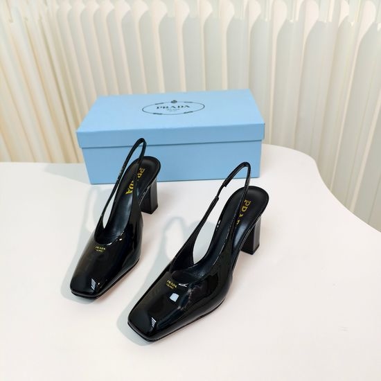Prada Chunky Heel Square Toe Patent Leather Slingback Sandals