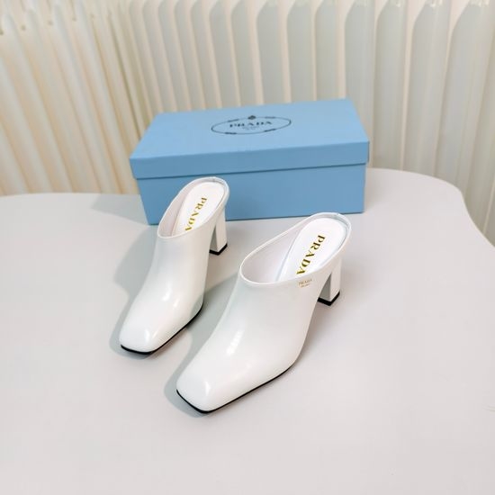 Prada Square Toe Block Heel Backless Slip On Sandals
