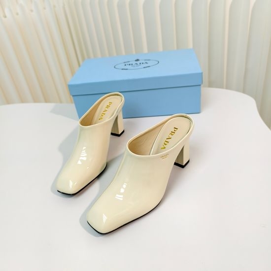 Prada Square Toe Block Heel Backless Slip On Sandals