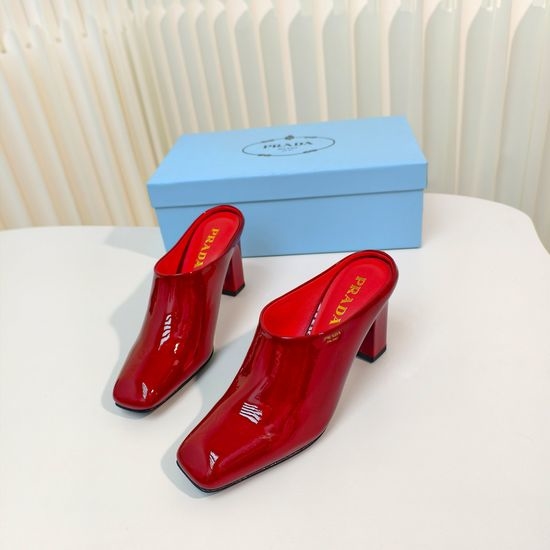 Prada Square Toe Block Heel Backless Slip On Sandals