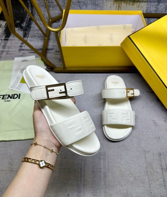 Fendi Dual Strap Embossed Pattern Flat Slide Sandals