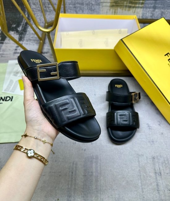 Fendi Dual Strap Embossed Pattern Flat Slide Sandals