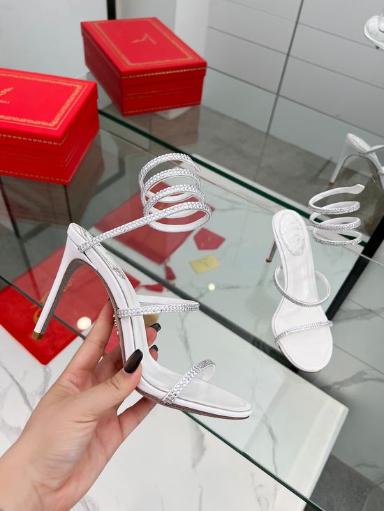 Rene Caovilla Elegant Rhinestone Ankle Wrap Heeled Sandals Premium Quality