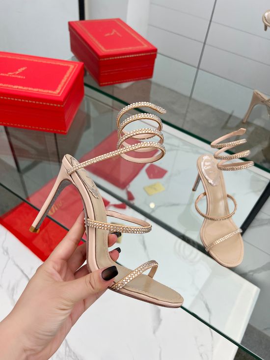 Rene Caovilla Elegant Rhinestone Ankle Wrap Heeled Sandals Premium Quality