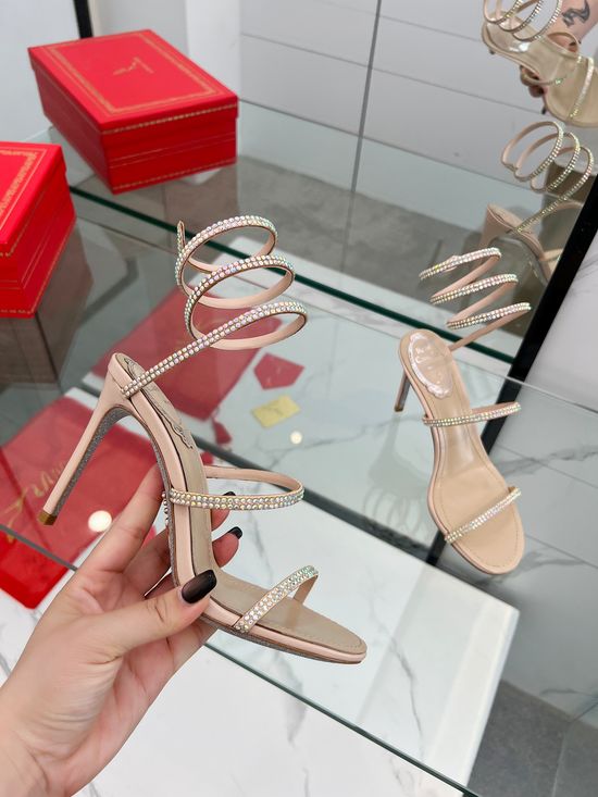 Rene Caovilla Elegant Rhinestone Ankle Wrap Heeled Sandals Premium Quality