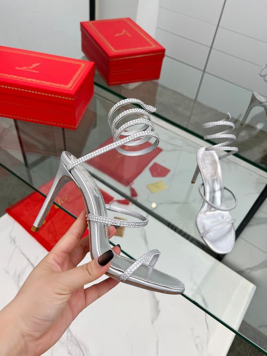Rene Caovilla Elegant Rhinestone Ankle Wrap Heeled Sandals Premium Quality