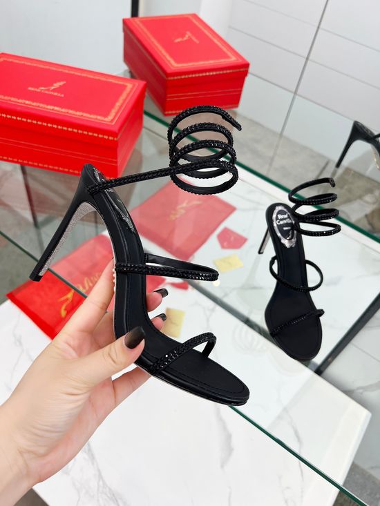 Rene Caovilla Elegant Rhinestone Ankle Wrap Heeled Sandals Premium Quality
