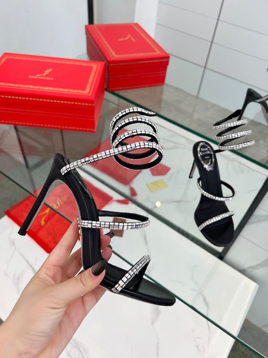 Rene Caovilla Crystal Embellished Snake Wrap Stiletto Sandals with Silk Upper