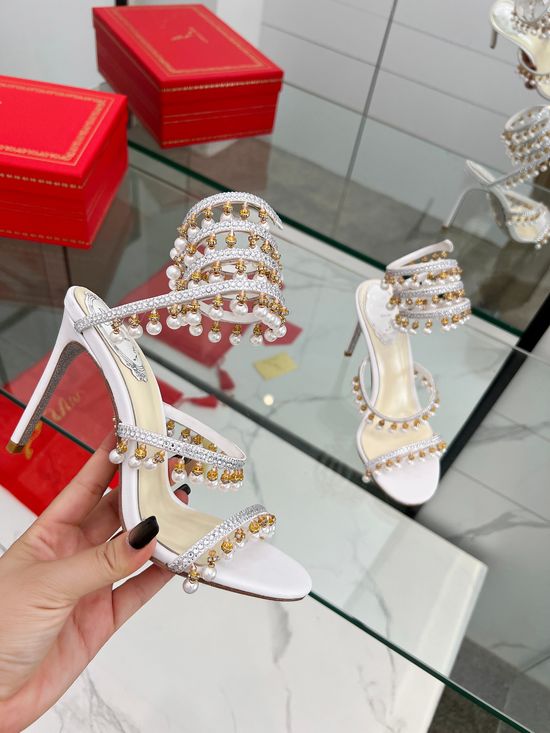 Rene Caovilla Crystal Pearl Ankle Strap Stiletto Sandals with Silk Upper