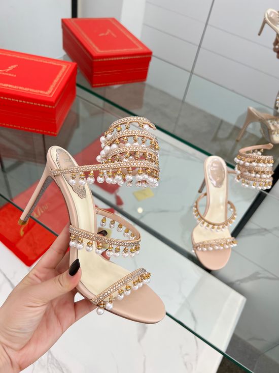 Rene Caovilla Crystal Pearl Ankle Strap Stiletto Sandals with Silk Upper