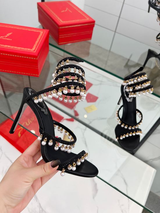Rene Caovilla Crystal Pearl Ankle Strap Stiletto Sandals with Silk Upper