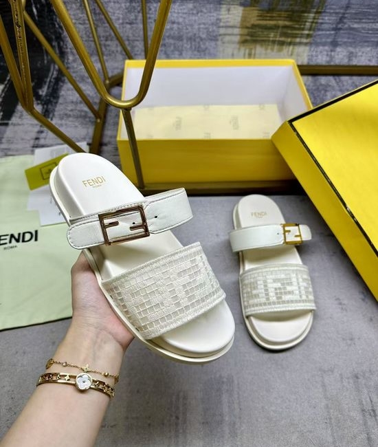 Fendi Dual Strap Flat Slide Sandals with Decorative Buckle