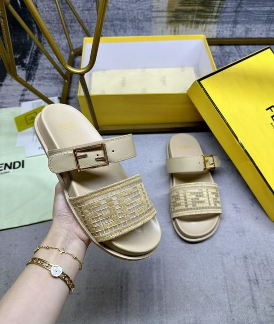 Fendi Dual Strap Flat Slide Sandals with Decorative Buckle