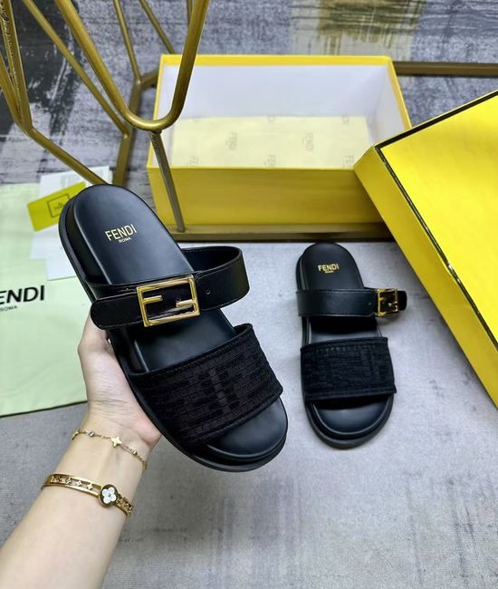 Fendi Dual Strap Flat Slide Sandals with Decorative Buckle