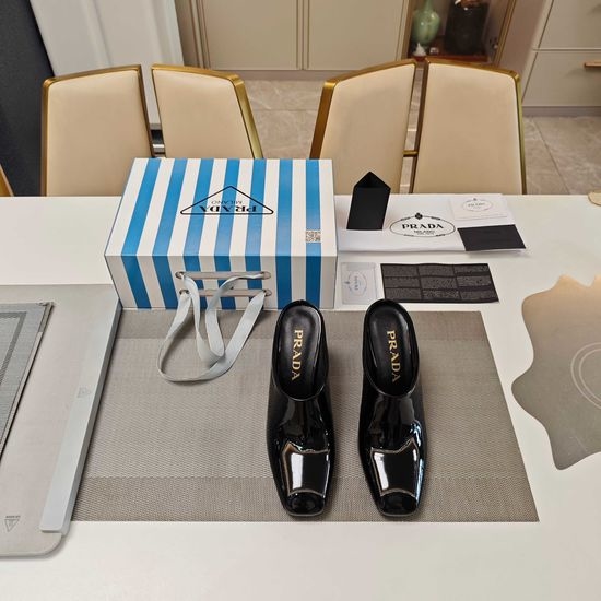 Prada Patent Leather Square Toe Chunky Heel Mules