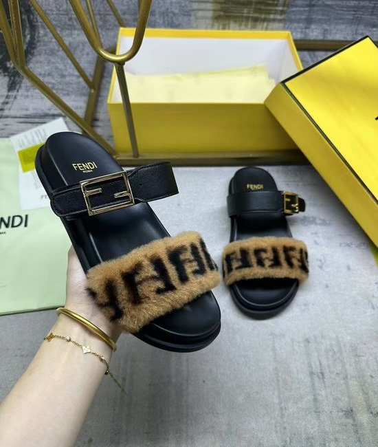 Fendi Dual Strap Soft Leather Flat Slides with Patterned Strap