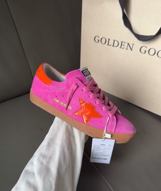 Golden Goose GGDB Classic Bright Pink Orange Heel Distressed Casual Comfort Sneakers