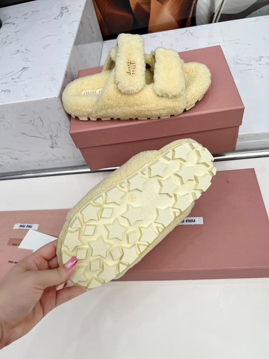 Miu Miu Wool Casual Slippers Leather Logo TPU Non Slip Sole