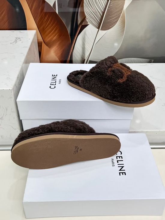 Celine Pure Wool Sheepskin Logo Non-slip Warm Slippers