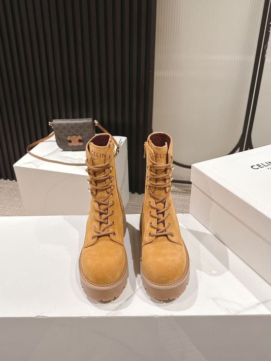 Celine Genuine Leather Thick Sole Lace-up Martin Boots