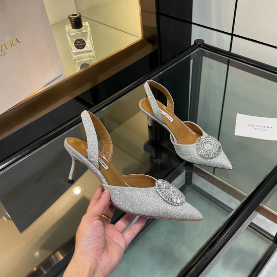 Aquazzura Rhinestone Buckle Peep Toe High Heel Slides