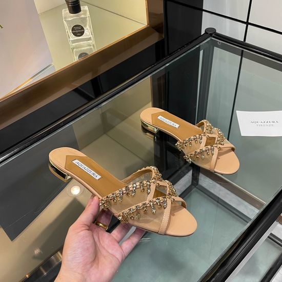 Aquazzura Rhinestone Embellished Low Heel Patent Leather Slides