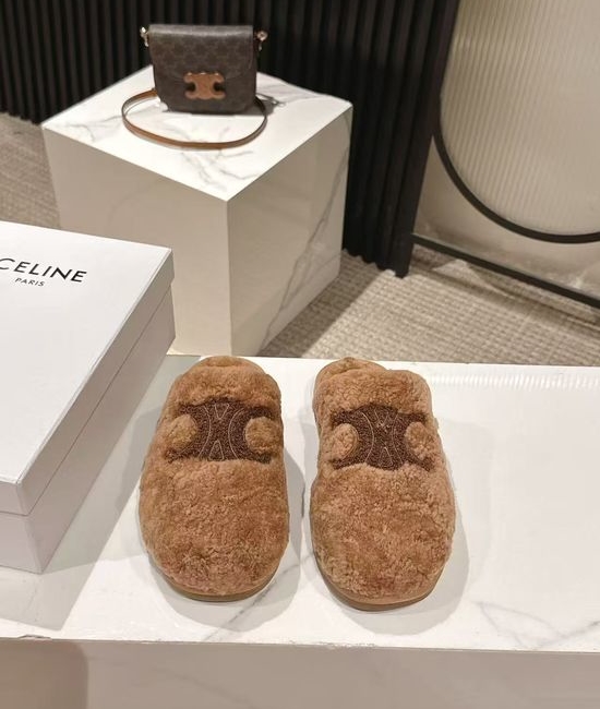 Celine Wool Lined Slippers Anti-slip Sole Elegant Design