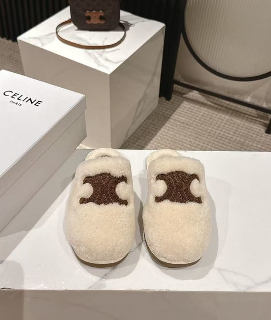 Celine Wool Lined Slippers Anti-slip Sole Elegant Design