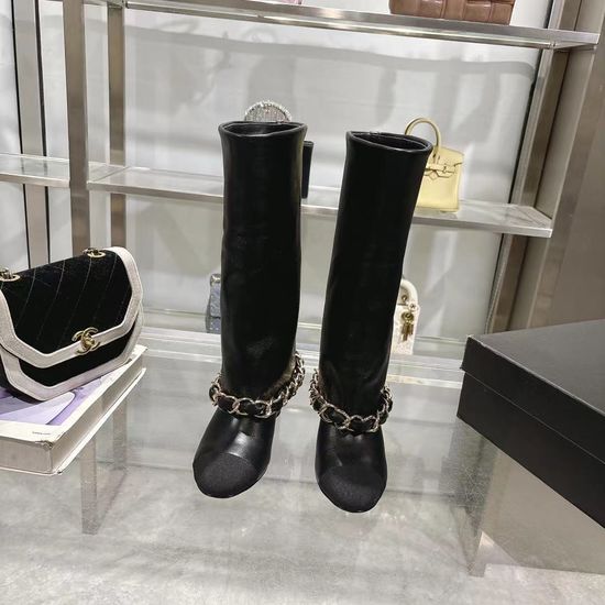 Chanel Turned Cuff Chunky Heel Boots With Chain Decor