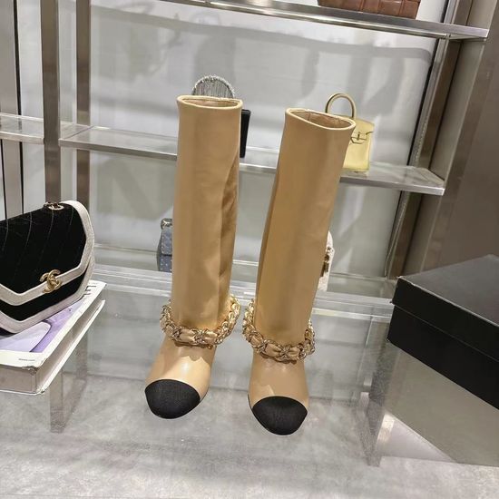 Chanel Turned Cuff Chunky Heel Boots With Chain Decor