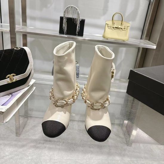 Chanel Turned Cuff Chunky Heel Boots With Chain Decor