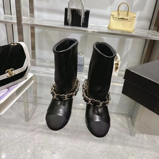 Chanel Turned Cuff Chunky Heel Boots With Chain Decor