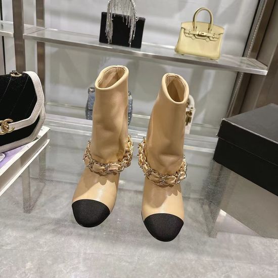 Chanel Turned Cuff Chunky Heel Boots With Chain Decor