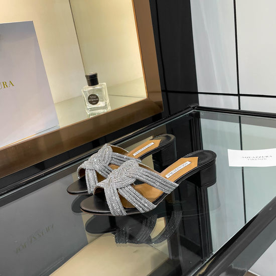 Aquazzura Rhinestone Embellished Low Block Heel Slides