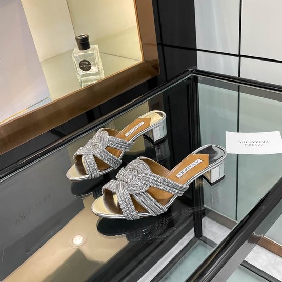 Aquazzura Rhinestone Embellished Low Block Heel Slides