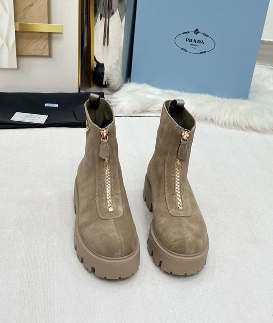 Prada Classic Logo Thick Sole Front Zipper Ankle Boots
