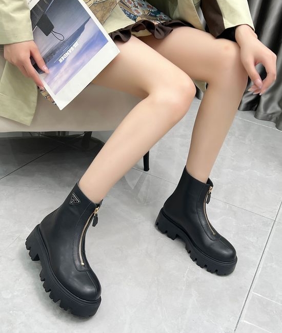 Prada Classic Logo Thick Sole Front Zipper Ankle Boots