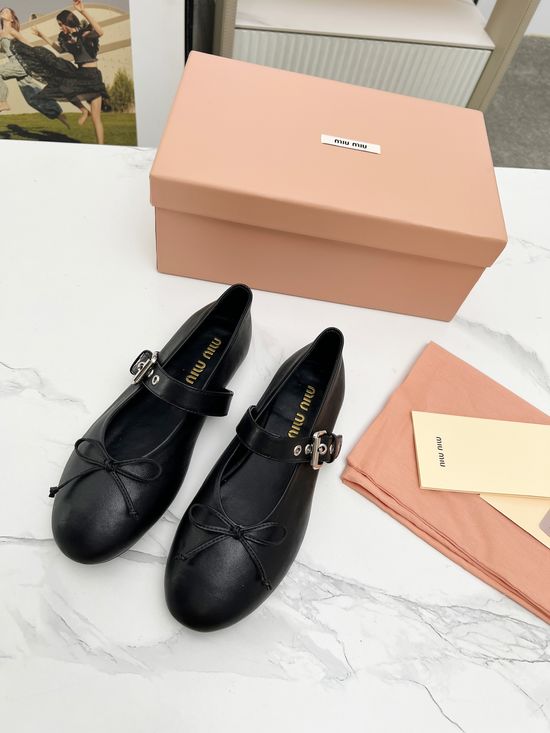 Miu Miu Bow Decor Mary Jane Soft Sheepskin Ballet Flats