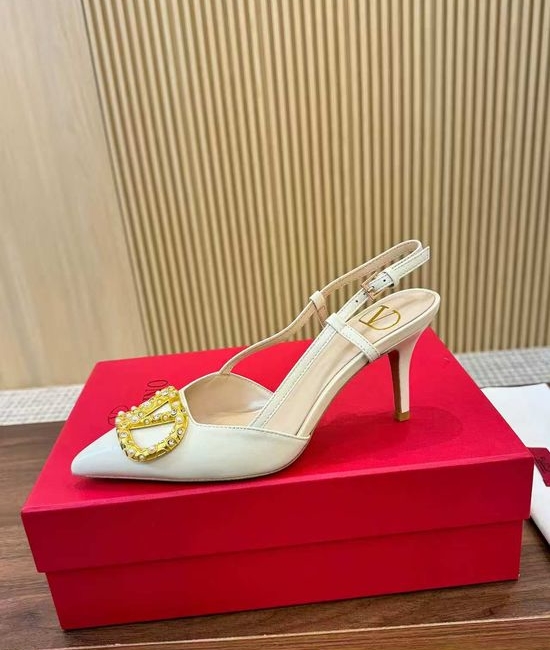 Valentino Buckle Decor Open Toe Sandals Premium Leather Comfortable Mid Heel