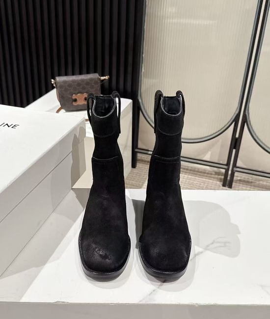 Celine Suede Western Ankle Boots with Low Heel