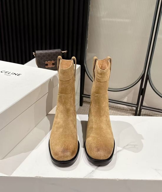 Celine Suede Western Ankle Boots with Low Heel
