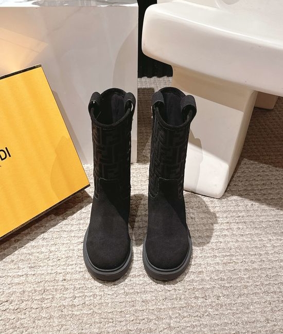 Fendi Suede Leather Embossed Knee High Biker Boots Comfortable